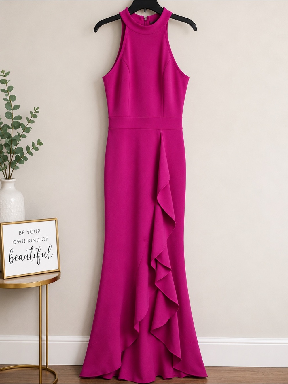 Woosea Fuchsia High Neck Mermaid Ruffle Maxi Dress Women’s Large Evening Gown